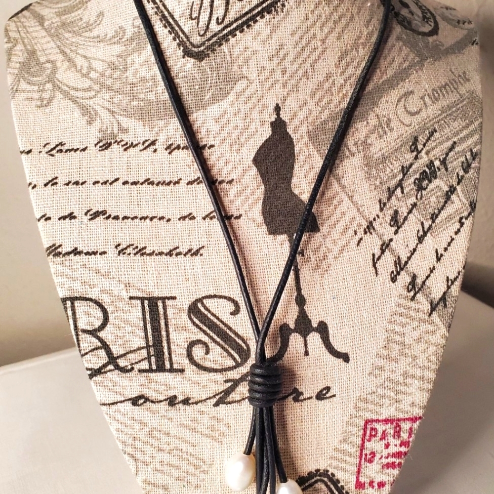 Genuine White Pearl Black Leather Necklace